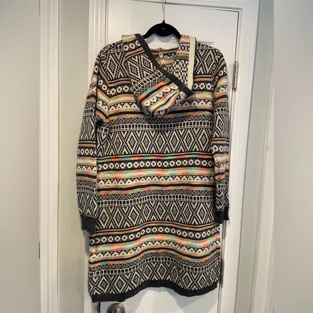 Monteau Size M Neon Stripe Black Cream Aztec Knit Open Front Hooded Cardigan